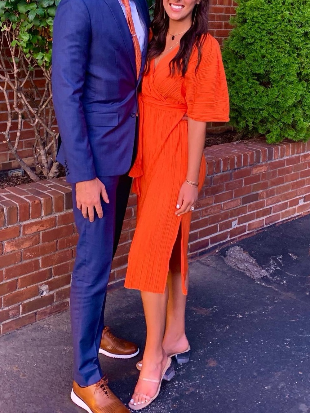 Women’s Orange Midi Wrap Dress with Short Sleeves
